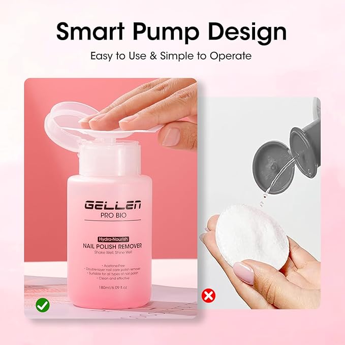 Gellen Nail Polish Remover, Non Acetone Rose Scent Nail Polish Remover, Dual-phase Hydrating Fingernail Polish Removal, Healthy Nourishing Nail Removal with Pump, Contains Vitamin E, 6.09 Fl Oz