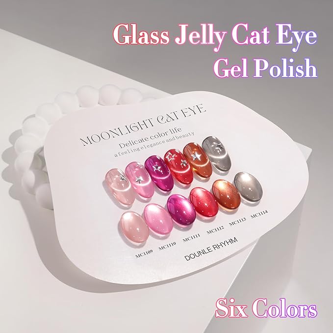 Double Rhythm 6 Colors Cat Eye Gel Polish Set Shimmer Glitter with Magnet Holographic Reflective Magnetic UV Nail Art Kit (6-Kit 40)