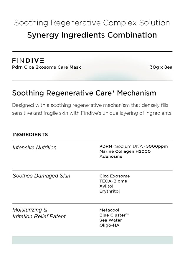 FINDIVE OFFICIAL PDRN CICA Exosome Care Mask, PDRN (Sodium DNA) 5,000ppm, Cica Exosome, Marin Collagen, Soothes, Regenerates Skin, 1.05fl.oz*8