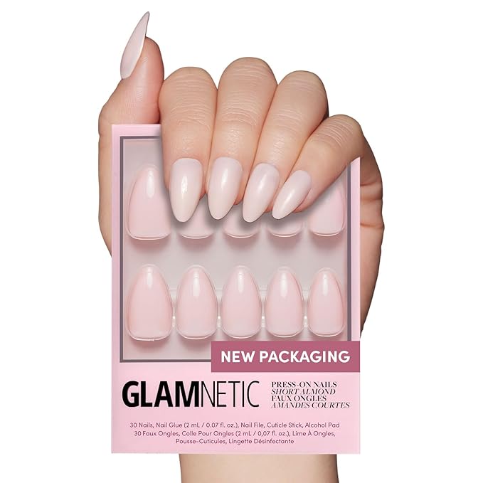 Glamnetic Press On Nails - Ballet Pink | Solid Opaque Light Blush Pink Short Almond Nails, Salon Quality | 15 Sizes - 30 Nail Kit