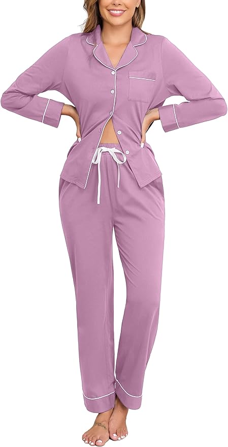 Veseacky 100% Cotton Pajamas for Women Set Long Sleeve Button Down Sleepwear Soft Pjs Lounge Sets with Pockets S-XXL