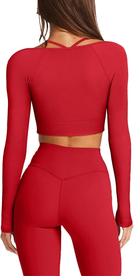 LASLULU Womens Sexy Square Neck Crop Top Ribbed Seamless Long Sleeve Workout Tops Halter Neck Athletic Yoga