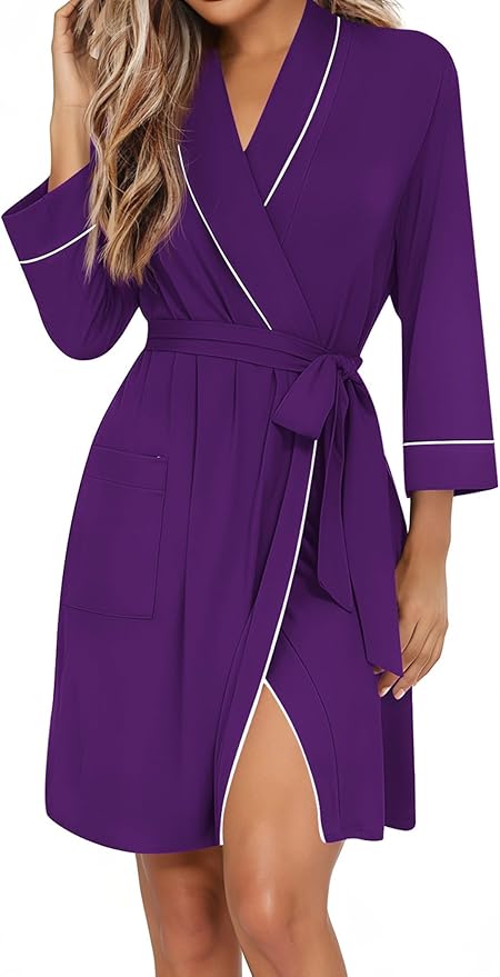 Ekouaer Women Robes Shawl Collar Bathrobe Short Kimono Robe Soft Knit Bathrobes Ladies Sleepwear with Pockets S-XXL