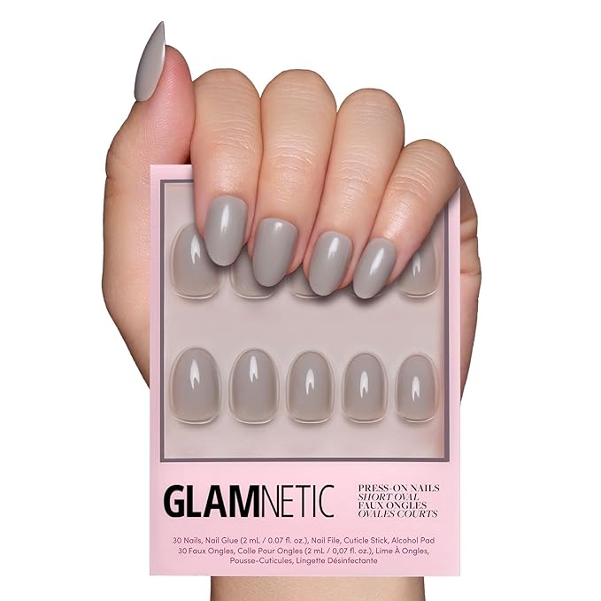 Glamnetic Press On Nails - Pure Gray | Opaque Light Gray Short Oval Fake Nails, Salon Quality | 15 Sizes - 30 Nail Kit