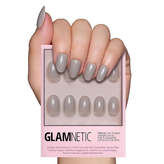Glamnetic Press On Nails - Pure Gray | Opaque Light Gray Short Oval Fake Nails, Salon Quality | 15 Sizes - 30 Nail Kit