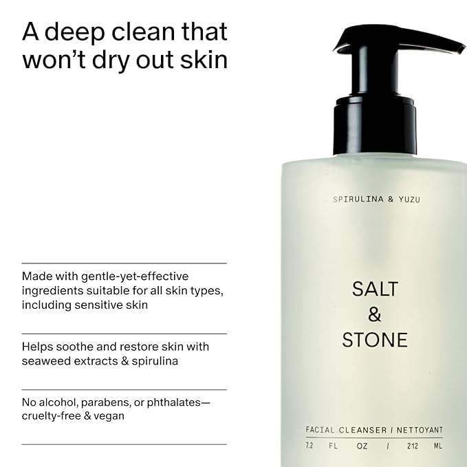 Salt & Stone Facial Cleanser for Women & Men, Spirulina & Yuzu Gentle Facial Wash with Hyaluronic Acid, Squalane, For All Skin Types, Vegan, Cruelty Free, 7.2 oz