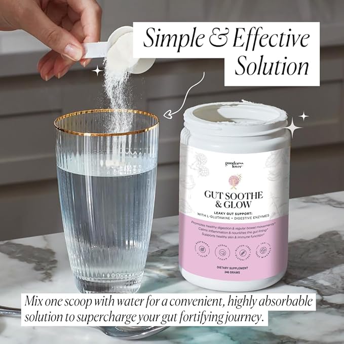 Goodness Lover Gut Soothe & Glow, Gut Digestive Support Supplement with L-Glutamine Powder and MSM, Support Bloat Relief, with Aloe Vera, Slippery Elm, Lemon Balm, 30 Servings