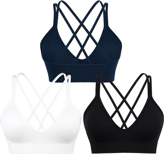 Sports Bra for Women V-Neck Strappy Criss Cross Yoga Bra Padded Medium Support Workout Gym Athletic Fitness Bras 3 Pack