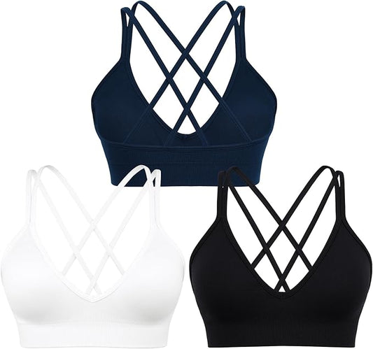 Sports Bra for Women V-Neck Strappy Criss Cross Yoga Bra Padded Medium Support Workout Gym Athletic Fitness Bras 3 Pack