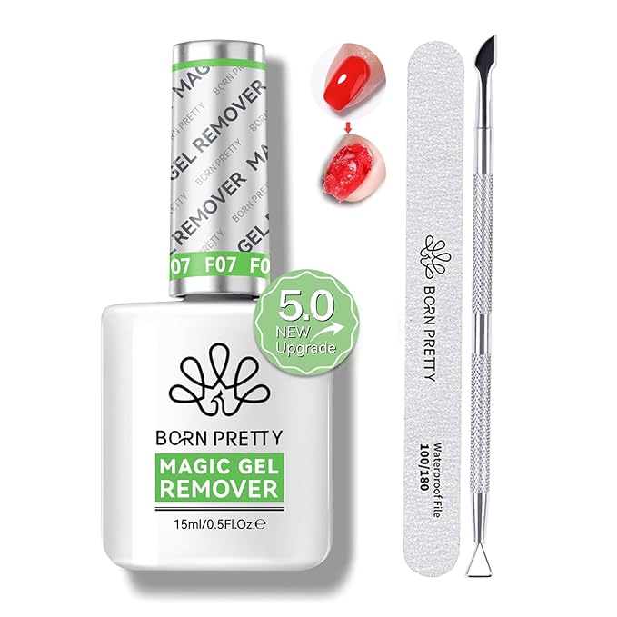 BORN PRETTY Gel Nail Polish Remover, Gel Polish Remover for Nails with Cuticle Pusher and Nail File, 2-5 Minutes Easily & Quickly Remove Gel, No Need Soak Or Wrap