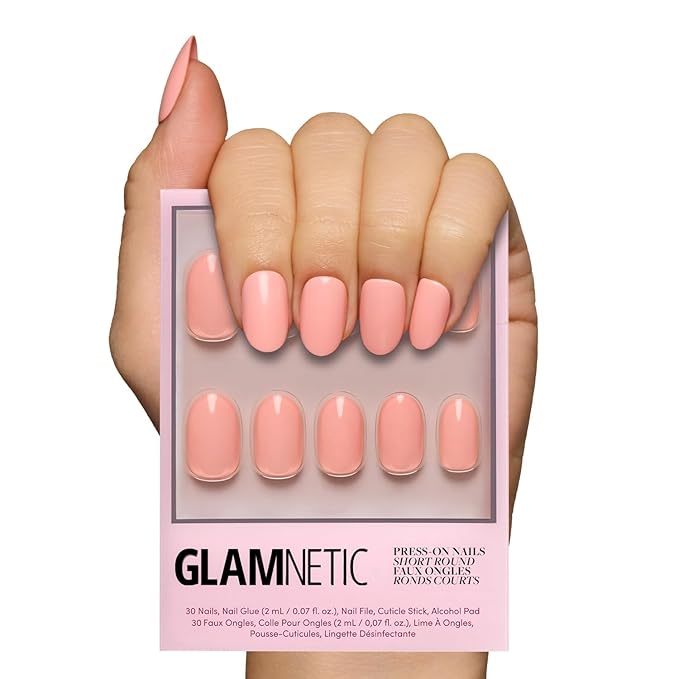Glamnetic Press On Nails - Peach Coral | Short Round Orange Fake Nails with Glossy Finish, Salon Quality | 15 Sizes - 30 Nail Kit with Glue