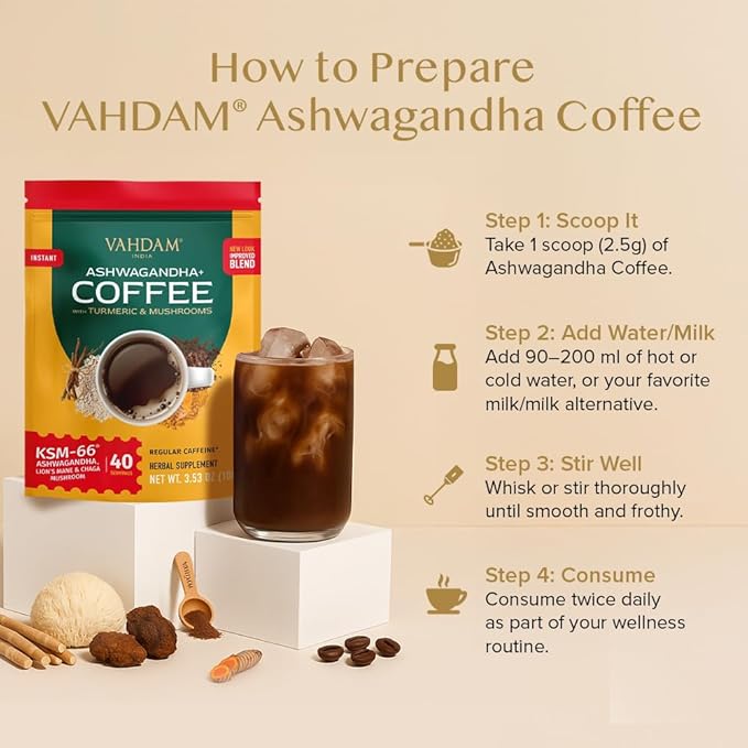 VAHDAM Ashwagandha Coffee with Turmeric, Lion’s Mane & Chaga Mushroom | Clinically Proven KSM 66 Ashwagandha & Pure Arabica Coffee | Stress & Cortisol Support, Better Energy - 40 servings