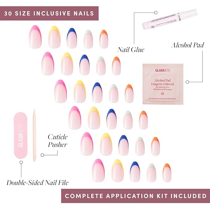 Glamnetic Press On Nails - Sprinkles | Rainbow French Tip Nails, UV Finish Short Pointed Almond Shape, Salon Quality Semi-Transparent Nails in 12 Sizes - 24 Nail Kit with Glue