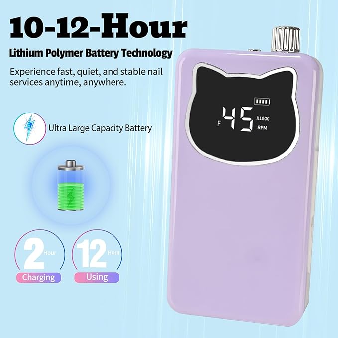 Professional Nail Drill File 45000RPM Electric Portable Nails Drills Kit with Rechargeable 7 uñas Bits Cordless Efile for Poly Gel Acrylic Nails Remover Home Salon Pedicure Manicure Tool (Purple)