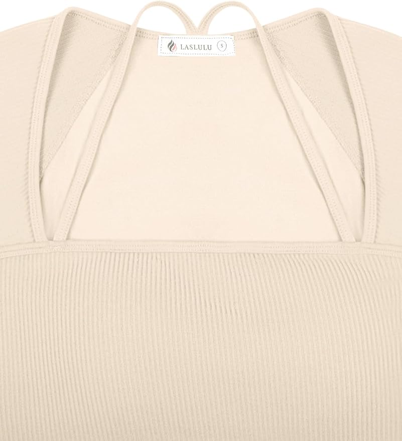 LASLULU Womens Sexy Square Neck Crop Top Ribbed Seamless Long Sleeve Workout Tops Halter Neck Athletic Yoga