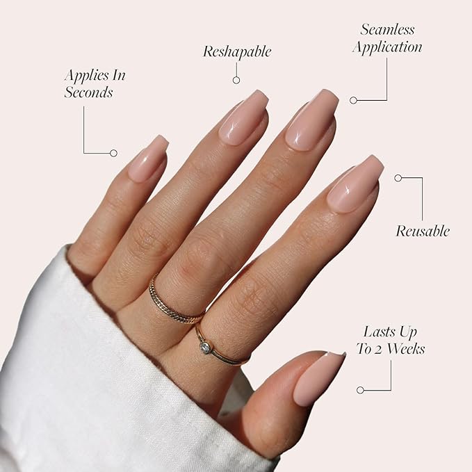 Glamnetic Press On Nails - Exposed | Medium Coffin Fake Nails, Nude Opaque Neutral, Salon Quality | 15 Sizes - 30 Nail Kit