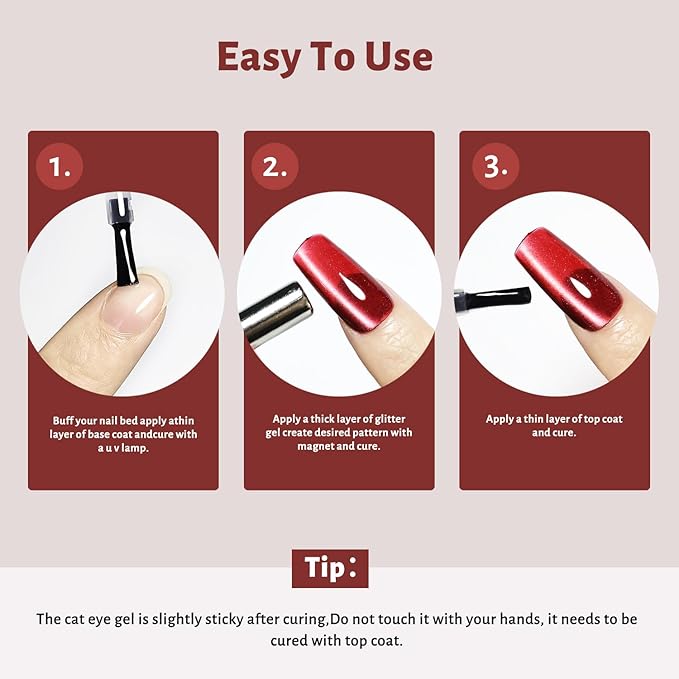 JODSONE 16.5ml Red Cat Eye Gel Nail Polish,Glitter Burgundy Red Cat Eye Magnetic Reflective Translucent Need U V Curing at Home Salon Design