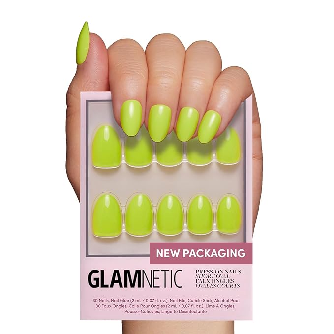 Glamnetic Press On Nails - Lime Green | Opaque Bright Neon Green Short Oval Fake Nails, Salon Quality | 15 Sizes - 30 Nail Kit