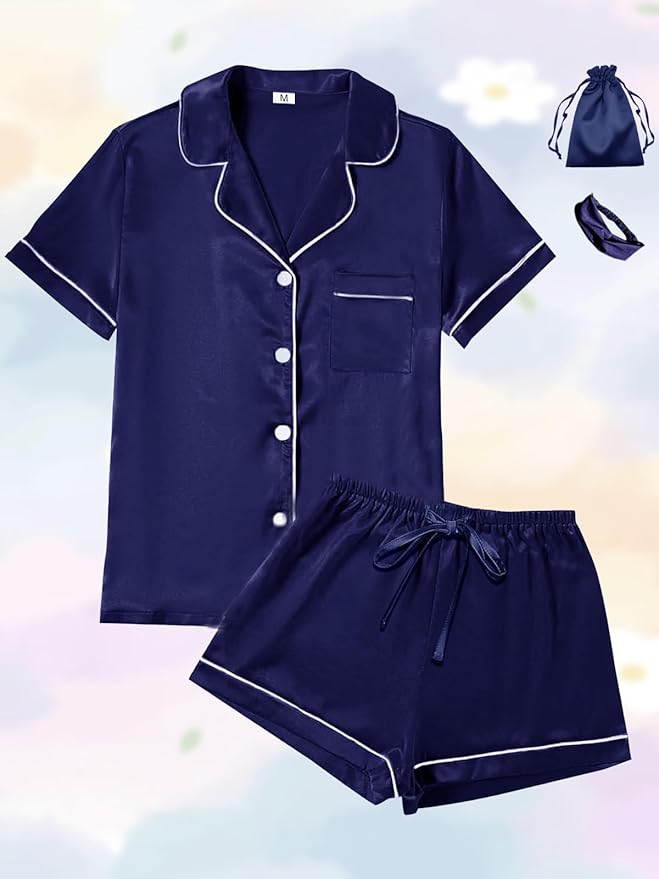 4Pcs Womens Satin Silky Pajama Sets Short Sleeve Shirt XS-4XL Floral Pajamas Set Soft PJ Loungewear Sleepwear