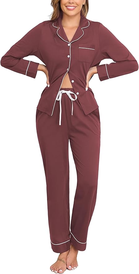 Veseacky 100% Cotton Pajamas for Women Set Long Sleeve Button Down Sleepwear Soft Pjs Lounge Sets with Pockets S-XXL
