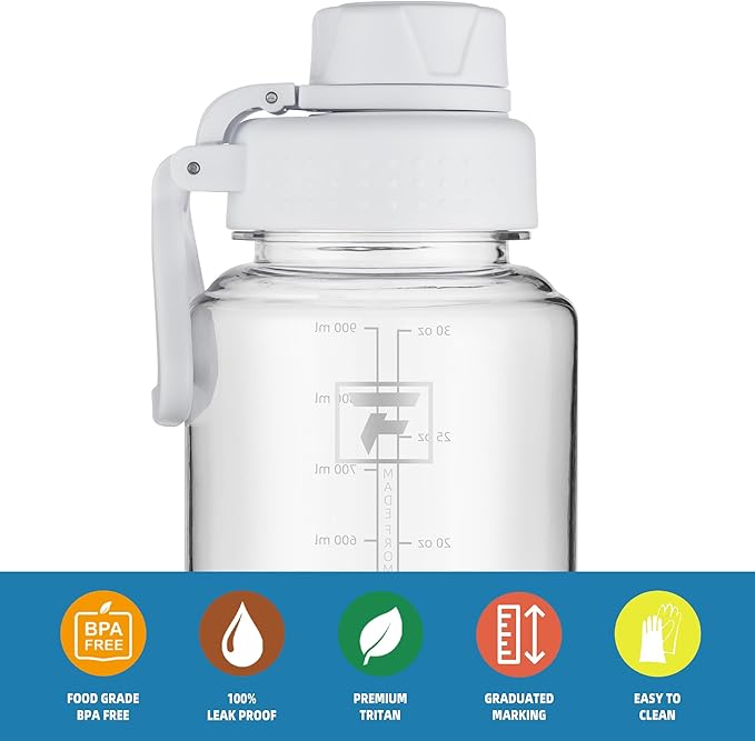 Fanhaw 32 oz Clear Water Bottle with Fast-Flow Spout Lid, BPA-Free Tritan, Wide Mouth, Leakproof, Reusable Bottle for Gym, School, Office, Travel (Clear&White)