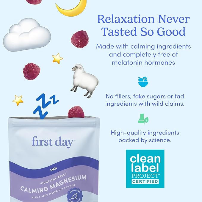 First Day Men’s Nighttime Reset Calming Magnesium Gummies – Sleep Aid Supports Peaceful Rest, Balanced Mood & Energy – Supplement with Magnesium Citrate, L-Theanine & No Melatonin – 30-Day Supply