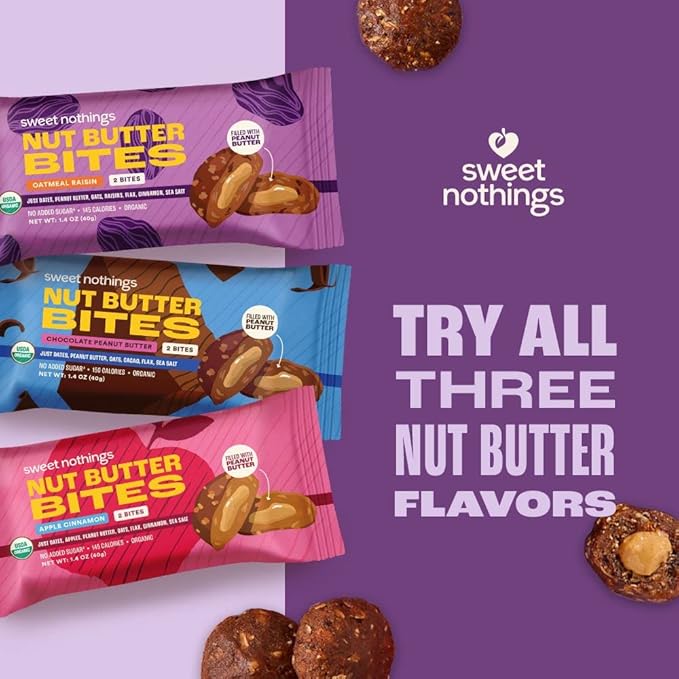 Sweet Nothings, Variety Pack: Chocolate, Apple Cinnamon, and Oatmeal Raisin, USDA Organic Nut Butter Bites Protein 6-2 Bite Value Packs (2 of each flavor) - No Added Sugar, Good Source of Fiber, Only 7 Ingredients