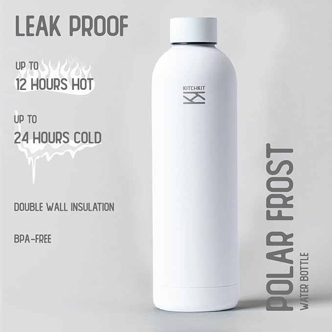Insulated Stainless Steel Water Bottle 25oz/750ml Vacuum Flask & Bonus Sticker Pack, Leak-Proof Lid, Hot & Cold Retention, Minimalist White Design, Reusable Eco Bottle (Polar Frost)
