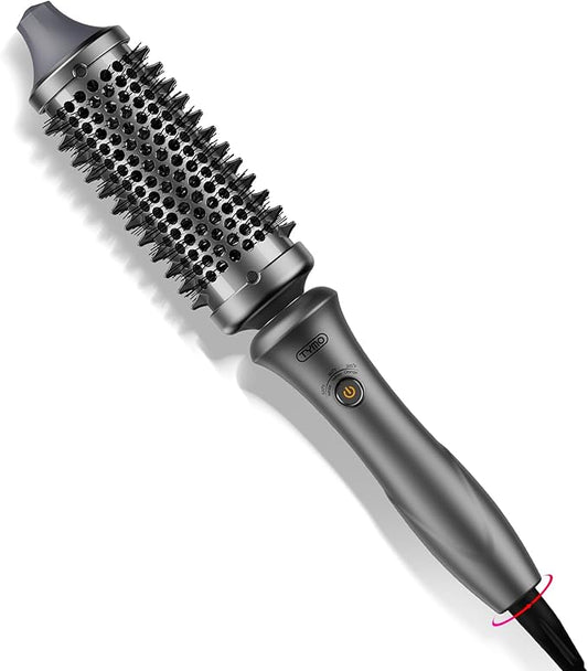 TYMO Thermal Brush Curling Brush - STYLUX 1.7 Inch Blowout Volumizer with Flexi-Fit for Hair Straightening, Heated Round Styler Tool, Hair Straightener and Curler 2 in 1, Dual Voltage, Metallic Gray