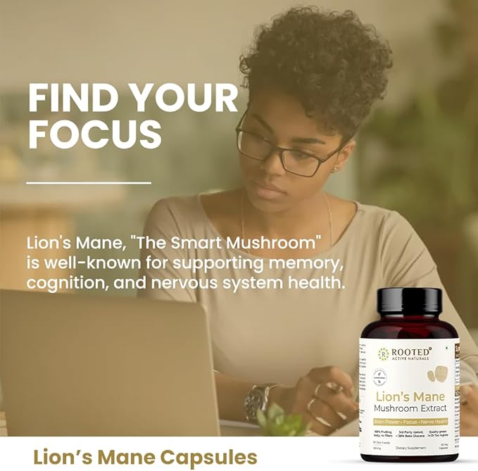 ROOTED Lions Mane Mushroom Extract Capsules (60 Veg Caps, 500 mg) | Memory, Focus, Brain Powder & Nerve Health. USDA Organic, 38% Beta Glucans, Certified Organic