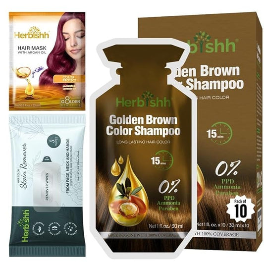 Herbishh Hair Color Shampoo, Ammonia Free Golden Brown, 10 Sachets with Argan Mask and Stain Remover, 3-in-1 Hair Dye for Gray Hair