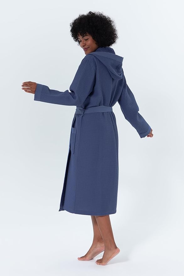 SEYANTE Women’s Luxury Waffle Shawl Collar, Hooded Robe w Piping – Lightweight, Long, Ultra Soft Spa Sleepwear Bathrobe