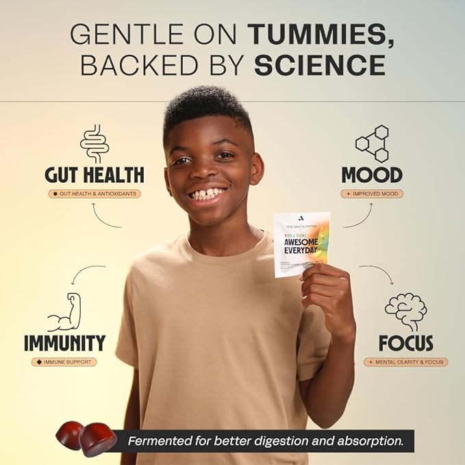 Awesome Everyday Superfood Gummies for Kids & Teens – Multivitamin for Boys & Girls - EAAs, Mushrooms & Adaptogens - Vegan, No Artificial Flavors, Colors or Seed Oils - Ages 2-15 - 28 Count