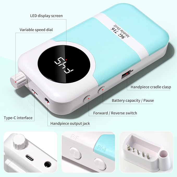 LIMEGIRL Professional Electric Nail Drill Kit 45000RPM Portable Cordless Toenail Cordless Toenail Machine with 14 Drill Bits and Base for Women (Blue)