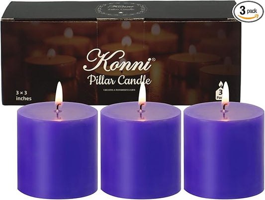 KONNI Violet Pillar Candles Set of 3, 3"x 3" Unscented Pillar Candles Bulk, 30 Hours Long Burning Candles, Smokeless and Dripless Large Round Candle for Wedding, Home Decoration, Parties, Spas, Dinner