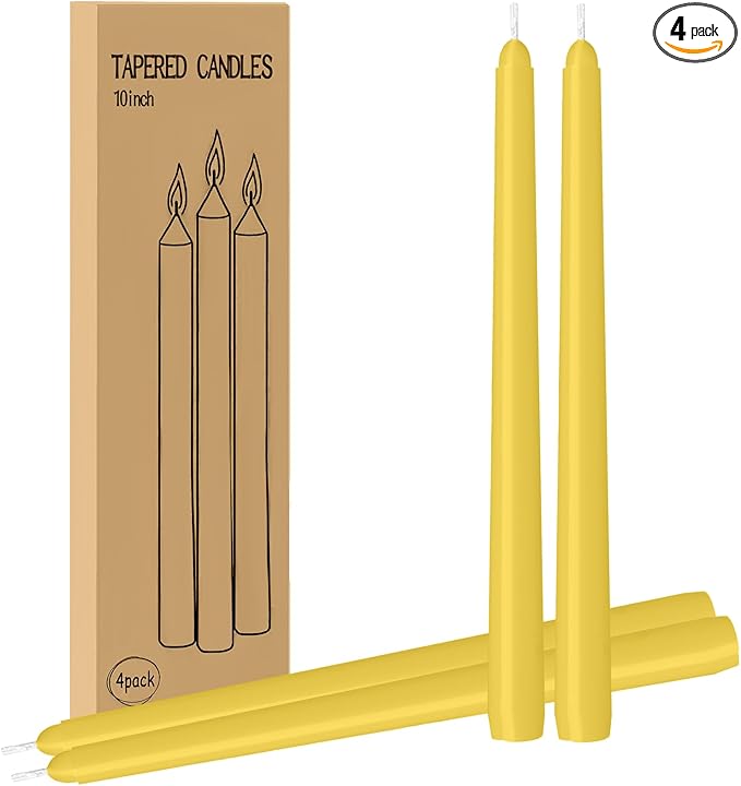 4 Pack Yellow Taper Candles - Taper Candles 10 Inch Dripless, Smokeless & Unscented - 8 Hours Long Burning - Ideal for Weddings, Dinner Parties, and Home Decor