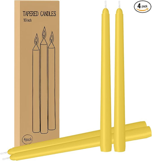 4 Pack Yellow Taper Candles - Taper Candles 10 Inch Dripless, Smokeless & Unscented - 8 Hours Long Burning - Ideal for Weddings, Dinner Parties, and Home Decor