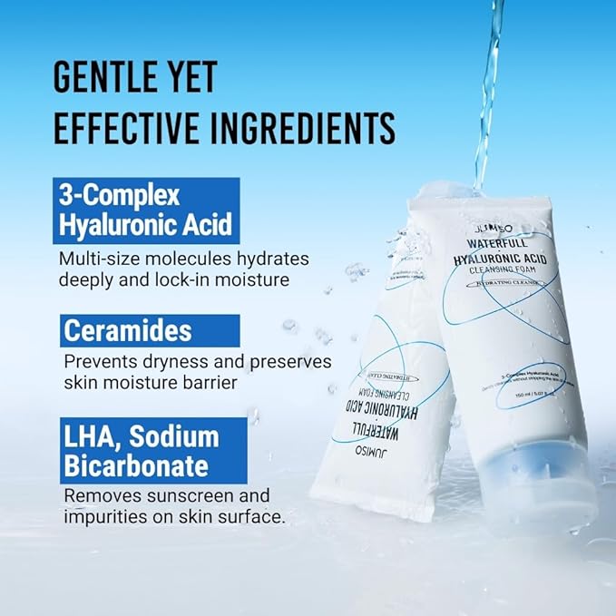 JUMISO Waterfull Hyaluronic Acid Cleansing Foam - Korean Face Wash 3-Complex Hyaluronic Ceramides LHA Gentle Exfoliating Hydrating Cleanser All Skin Types Non-Stripping 5.07 oz
