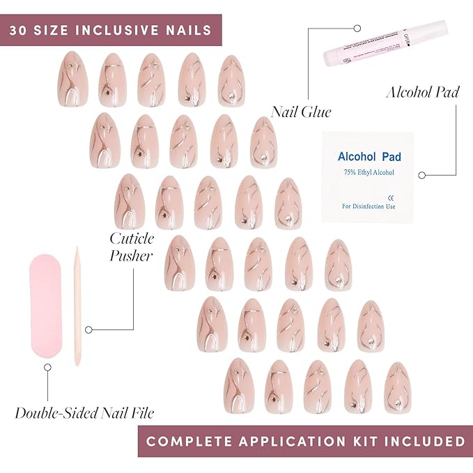 Glamnetic Press On Nails - Astro | Semi-Transparent 3D Metallic Silver Swirl Short Almond Fake Nails in a Glossy Finish | 15 Sizes - 30 Nail Kit with Glue