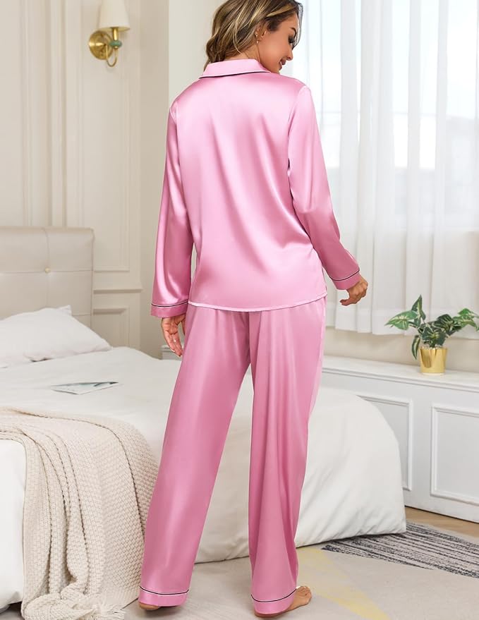 Veseacky Womens Satin Pajama Set Silk Pjs Button Down Long Sleeve Sleepwear Loungewear Sleepwear 2 Piece Pjs Set S-XXL