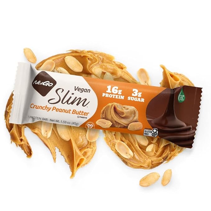 NuGo Slim Dark Chocolate Crunchy Peanut Butter, 17g Vegan Protein, 3g Sugar, 7g Fiber, Low Net Carb, Keto Friendly, Gluten Free, 12 Count