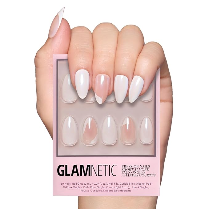 Glamnetic Press On Nails - Lovey Dovey | Glossy, Semi-Transparent Short Almond Nails with Abstract Accents, Salon Quality | 15 Sizes - 30 Nail Kit with Glue