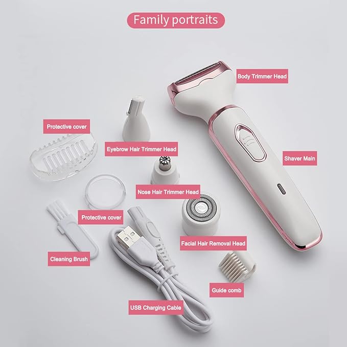 Electric Razor for Women,Hair Trimmer for Face Nose Eyebrow Beard Mustache Arm Leg Armpit Bikini,Painless Rechargeable Portable 4 in 1 Womens Body Shavers Set