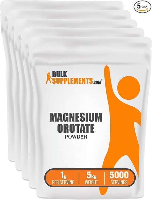 BulkSupplements.com Magnesium Orotate Powder - High Absorption Magnesium Supplement - Unflavored & Gluten Free, 1g per Serving, 1kg (2.2 Pound) (Pack of 5)