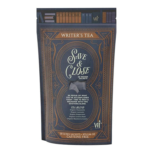 Writer's Tea Save & Close - Nighttime Tea - Chamomile, Lavender, Peppermint, Licorice Root, and Blackberry Leaves Tea Blend - Caffeine Free - 20 Woven Sachets