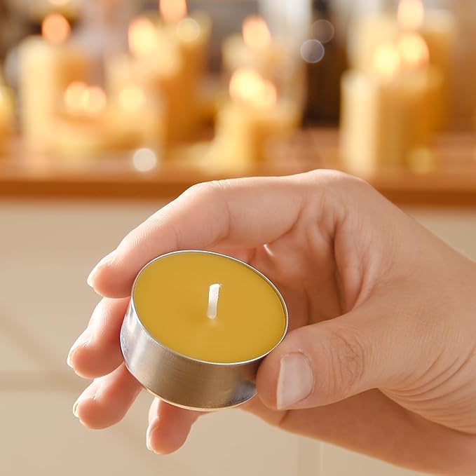 25-Pack Pure Beeswax Tealight Candles in Aluminum Cups - 4-5 Hour Burn Time, Lead-Free Cotton Wick, Natural Unscented Candles