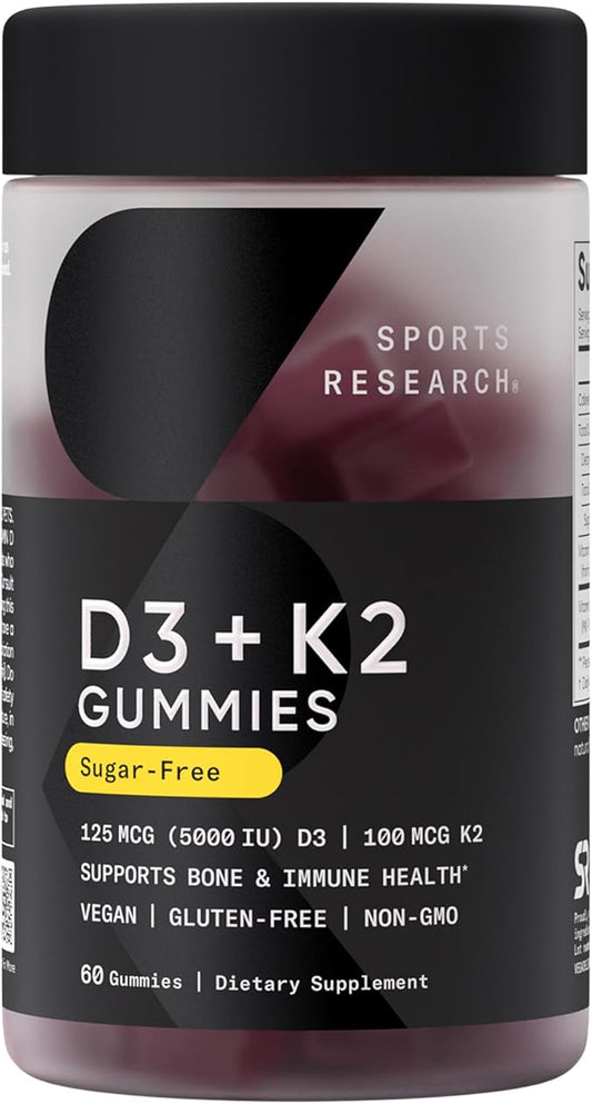 Sports Research® Vegan Vitamin D3 + K2 Gummy Supplements - 5000iu Vitamin D with 100mcg Mk7 Vitamin K - Supports Bone& Immune Health* - 60 Gummies for Adults, for Women, 1 Month Supply