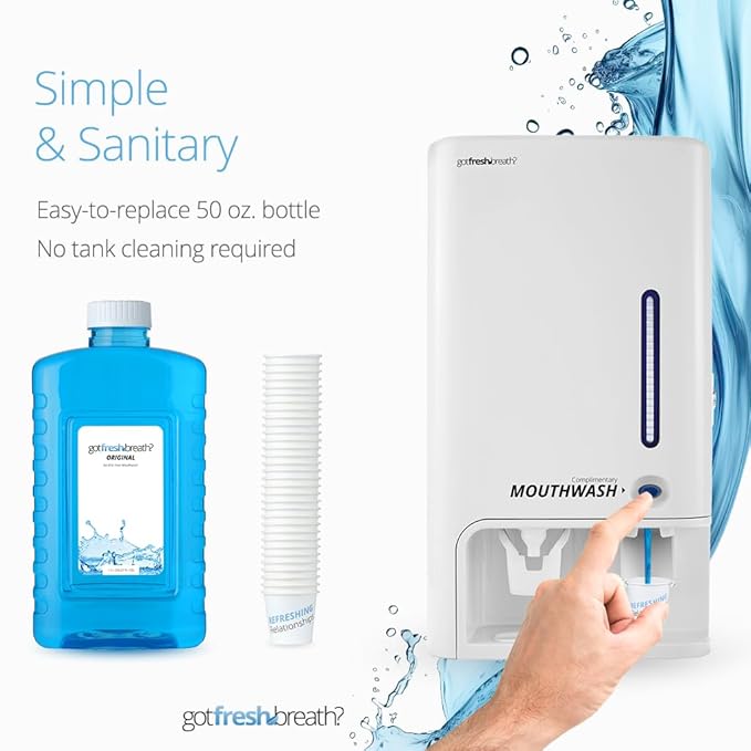 GotFreshBreath Manual Mouthwash Dispenser with Cup Holder – Standing or Wall-Mounted, Slim, Commercial Mouthwash Dispenser with 100 Cups & 50 Oz. Alcohol-Free Mouthwash (White)