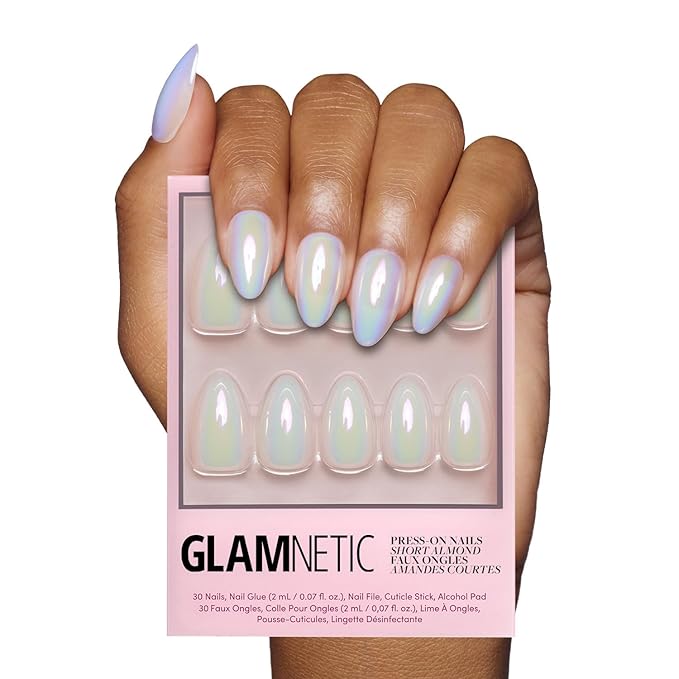 Glamnetic Press On Nails - Entranced | Short Almond White Holographic Fake Nails, Semi-Transparent, Salon Quality| 15 Sizes - 30 Nail Kit with Glue