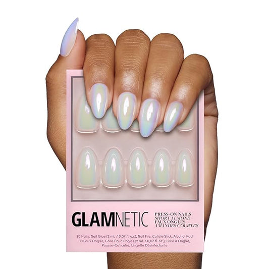 Glamnetic Press On Nails - Entranced | Short Almond White Holographic Fake Nails, Semi-Transparent, Salon Quality| 15 Sizes - 30 Nail Kit with Glue